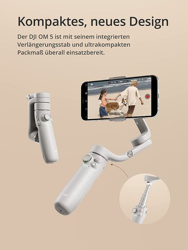 DJI OM 5 Weiß Gimbal Smartphone, 3-Achsen Stabilizer, integrierter Verlängerungsstab, handlicher und faltbarer Handy Gimbal mit ShotGuides, Vlog-Stabilisierung, YouTube & TikTok-Videos, Sunset White